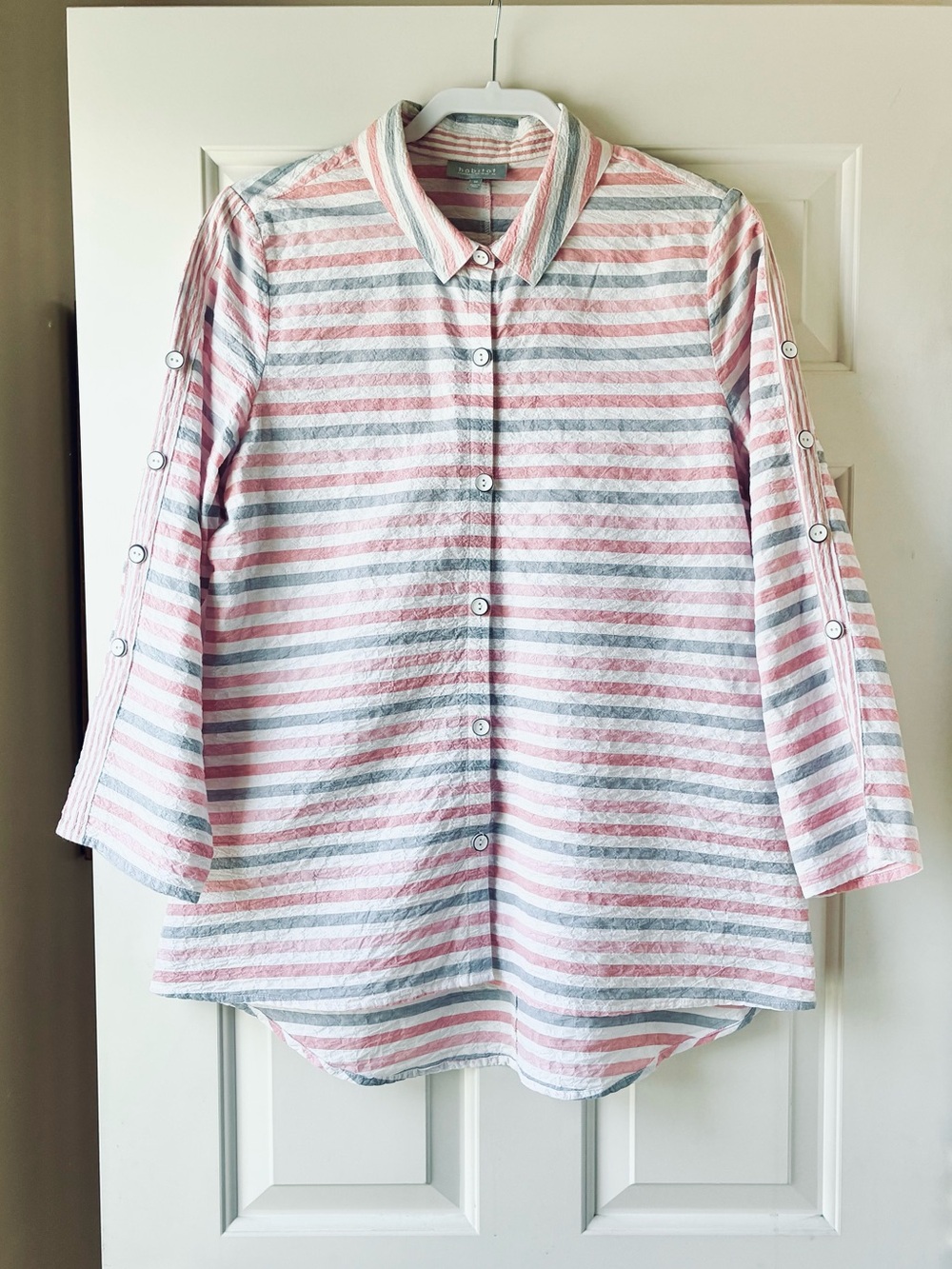 Habitat Clothes to Live In Shirt Adjustable Sleeves Pink Gray White Size M